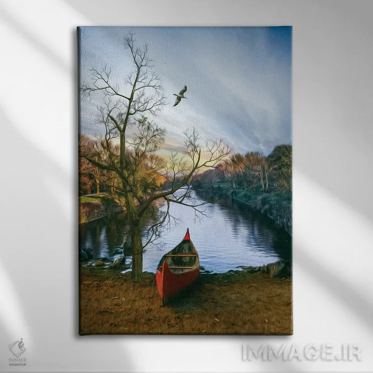 تابلو دکوراتیو قایق قرمز پیرگ در ساحل رودخانه اثر ایوجنیا بیدیوک - نمای روبهرو روی دیوار