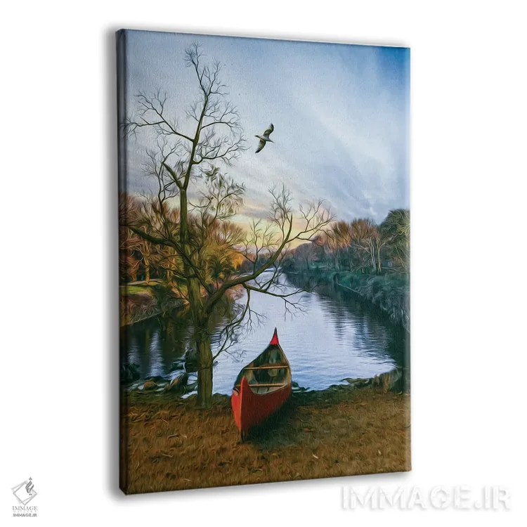 تابلو دکوراتیو قایق قرمز پیرگ در ساحل رودخانه اثر ایوجنیا بیدیوک - نمای پرسپکتیو محصول