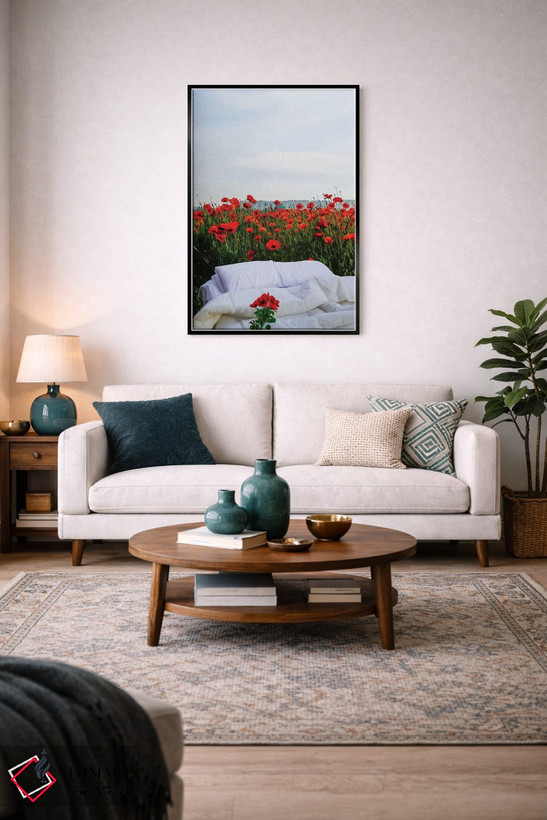 تابلو دکوراتیو تخت در وسط مزرعه شقایق اثر ایوجنیا بیدیوک - D5B