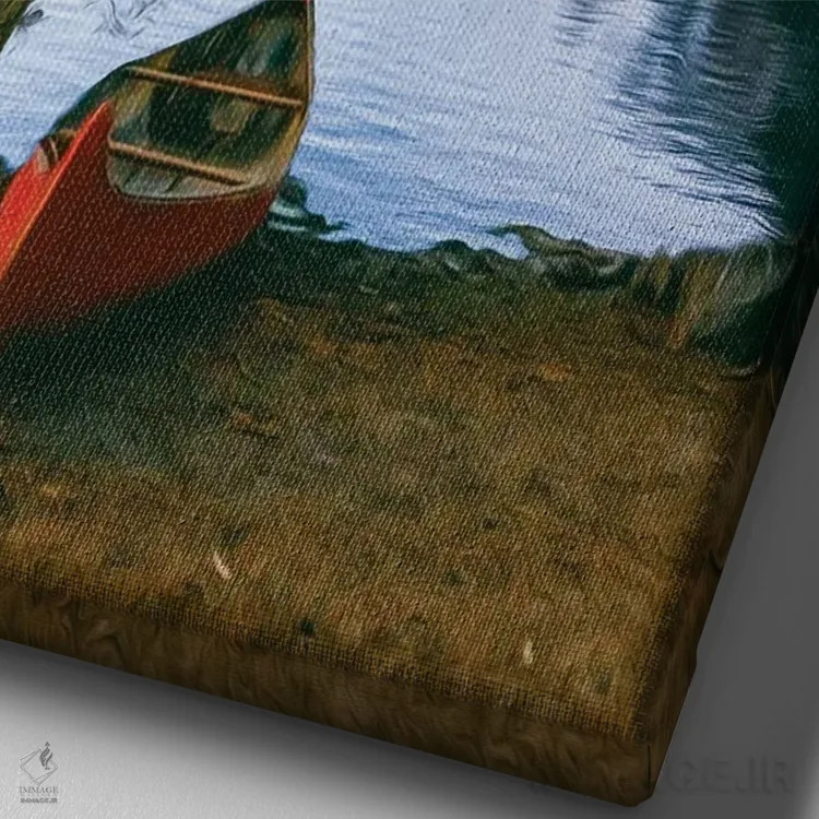 تابلو دکوراتیو قایق قرمز پیرگ در ساحل رودخانه اثر ایوجنیا بیدیوک - نمای نزدیک بافت بوم