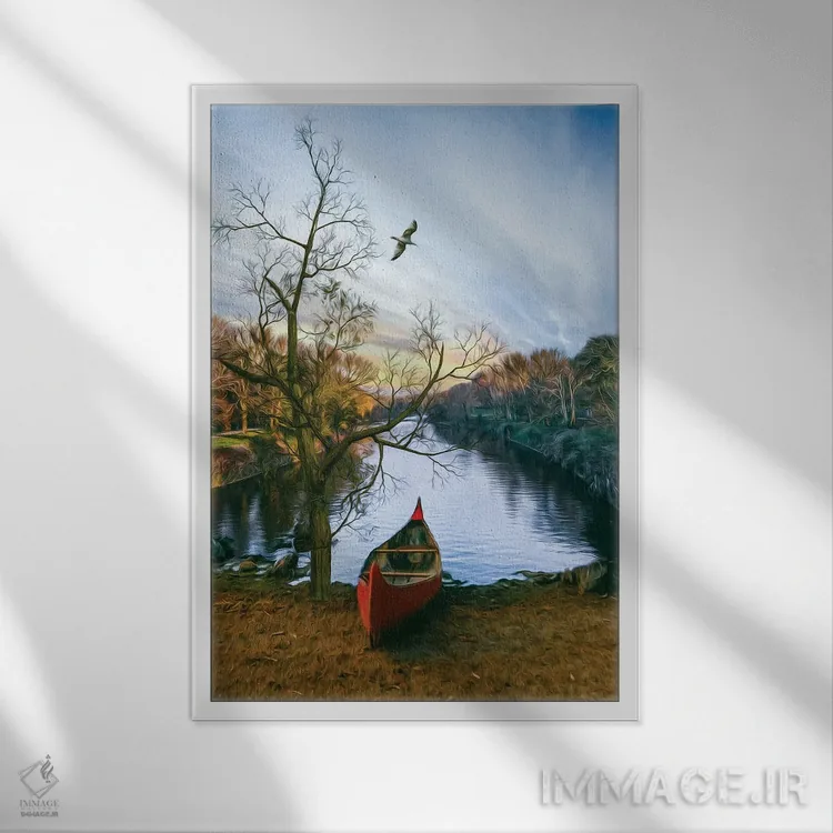 تابلو دکوراتیو قایق قرمز پیرگ در ساحل رودخانه اثر ایوجنیا بیدیوک - نمای قابدار سفید