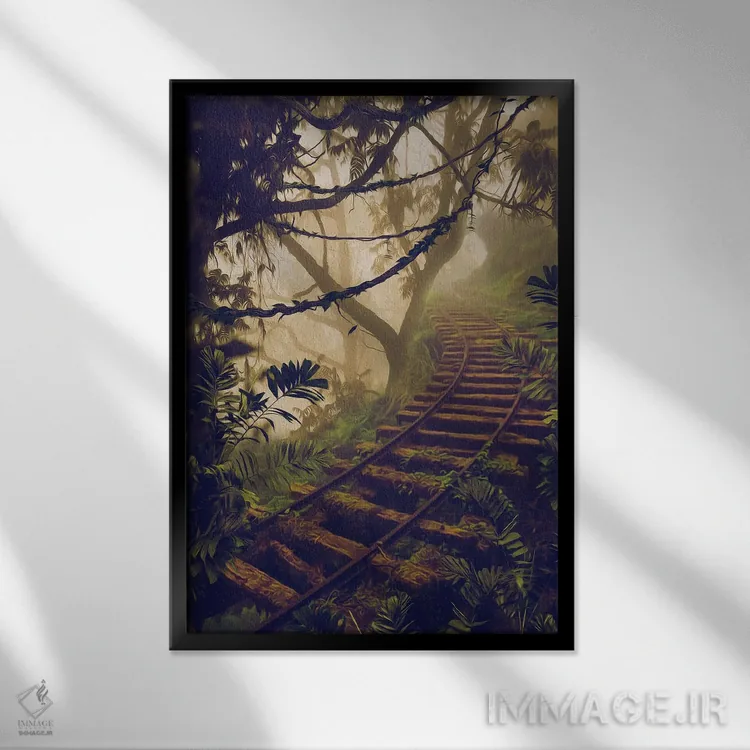 تابلو دکوراتیو خط آهن در مناطق گرمسیری اثر ایوجنیا بیدیوک - نمای قابدار مشکی