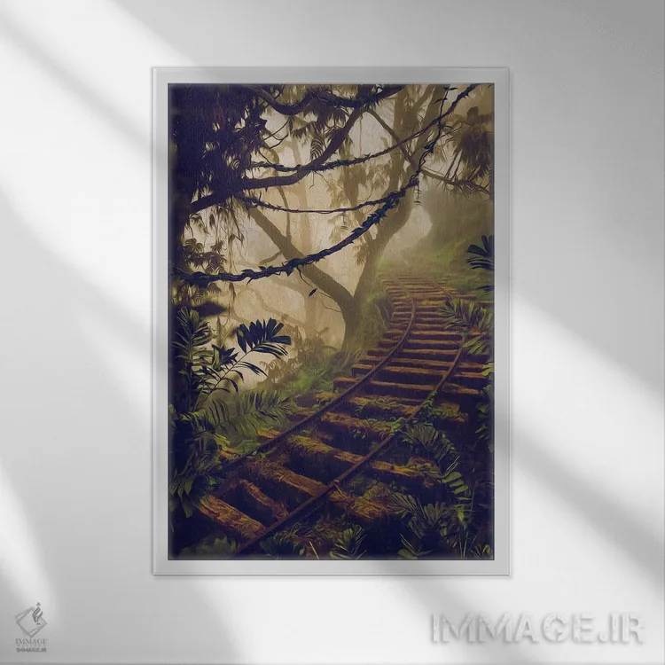 تابلو دکوراتیو خط آهن در مناطق گرمسیری اثر ایوجنیا بیدیوک - نمای قابدار سفید