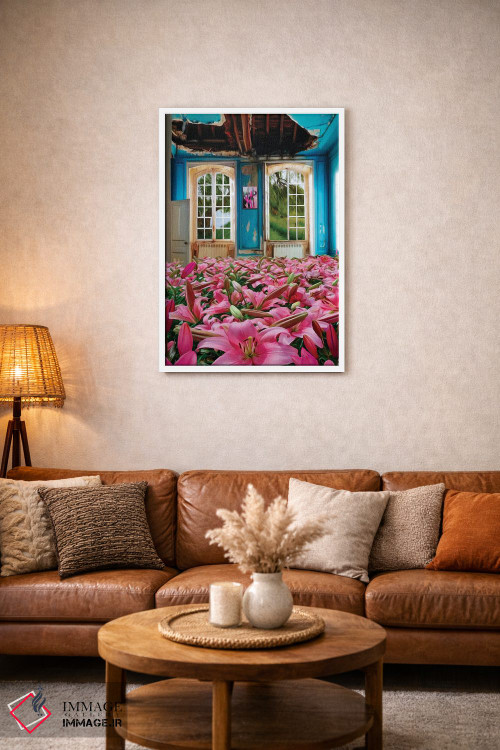 تابلو دکوراتیو سوسن های صورتی رشدکرده در خانه متروکه اثر ایوجنیا بیدیوک - D2W