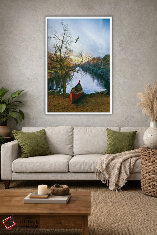تابلو دکوراتیو قایق قرمز پیرگ در ساحل رودخانه اثر ایوجنیا بیدیوک - D1W