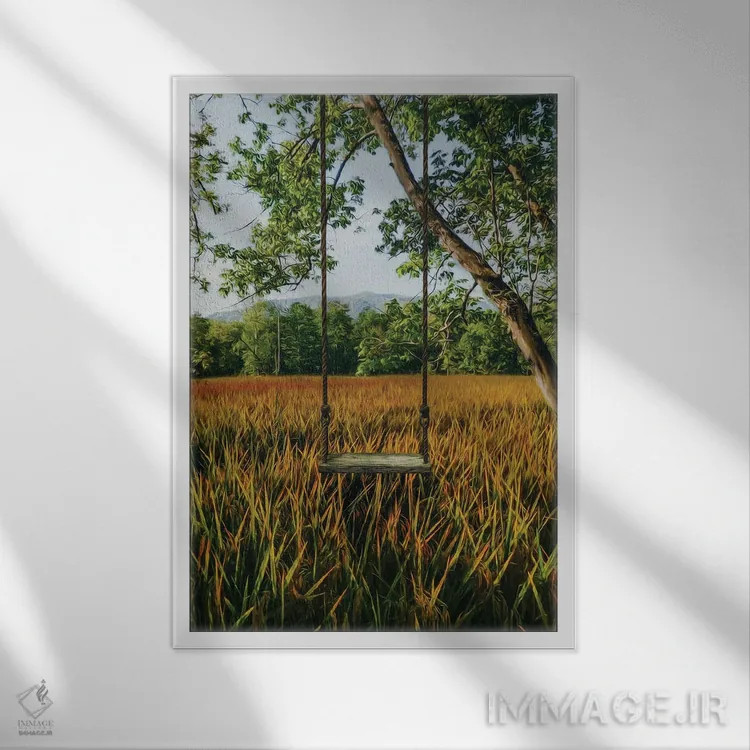 تابلو دکوراتیو تاب در جنگلی در یک فضای باز اثر ایوجنیا بیدیوک - نمای قابدار سفید
