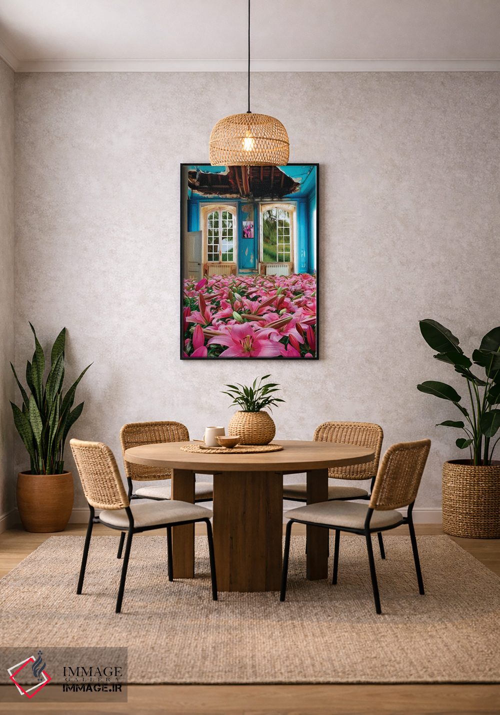 تابلو دکوراتیو سوسن های صورتی رشدکرده در خانه متروکه اثر ایوجنیا بیدیوک - D3B