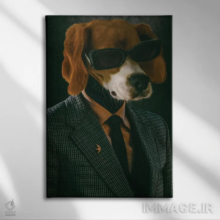 تابلو دکوراتیو بیگل با کت و عینک اثر ایوجنیا بیدیوک - نمای روبهرو روی دیوار