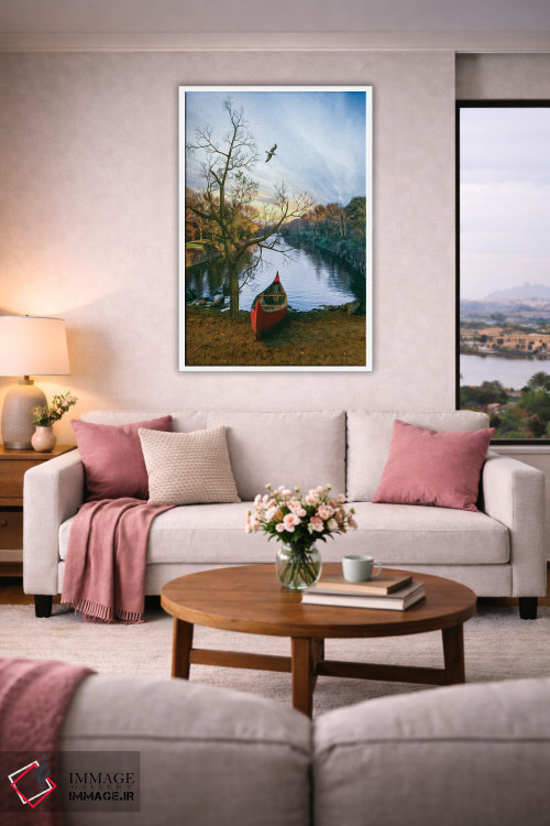 تابلو دکوراتیو قایق قرمز پیرگ در ساحل رودخانه اثر ایوجنیا بیدیوک - D3W