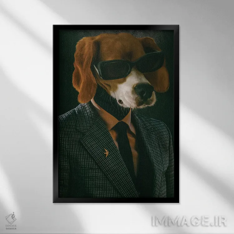 تابلو دکوراتیو بیگل با کت و عینک اثر ایوجنیا بیدیوک - نمای قابدار مشکی