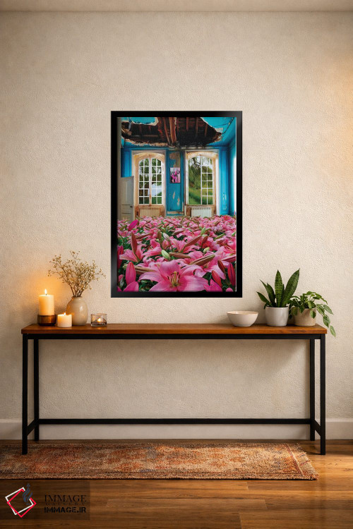 تابلو دکوراتیو سوسن های صورتی رشدکرده در خانه متروکه اثر ایوجنیا بیدیوک - D5B