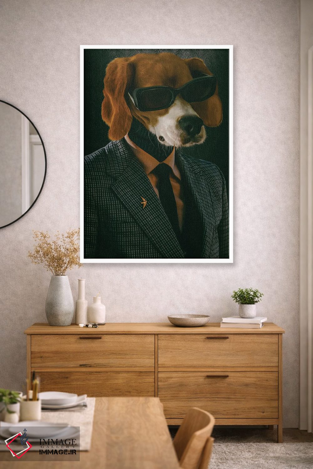 تابلو دکوراتیو بیگل با کت و عینک اثر ایوجنیا بیدیوک - D2W