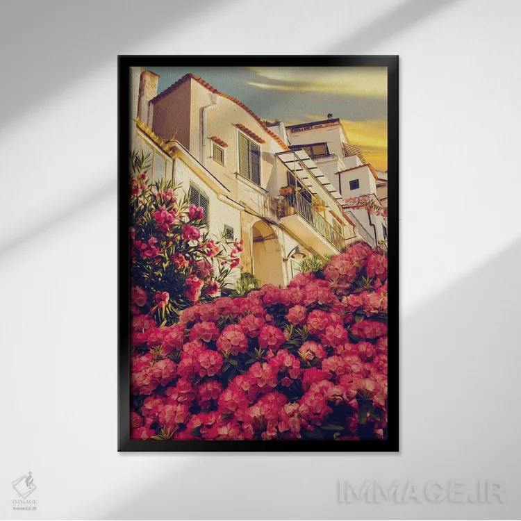 تابلو دکوراتیو شکوفه های رودودندرون اثر ایوجنیا بیدیوک - نمای قابدار مشکی