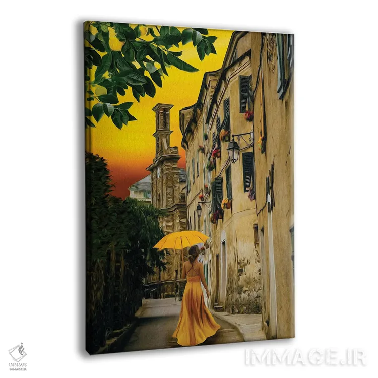 تابلو دکوراتیو بانویی با پیراهن زرد و چتر در خیابان شهر قدیمی اثر ایوجنیا بیدیوک - نمای پرسپکتیو محصول
