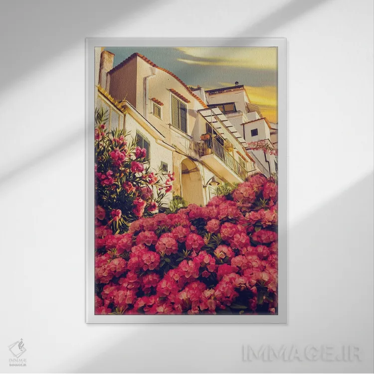 تابلو دکوراتیو شکوفه های رودودندرون اثر ایوجنیا بیدیوک - نمای قابدار سفید