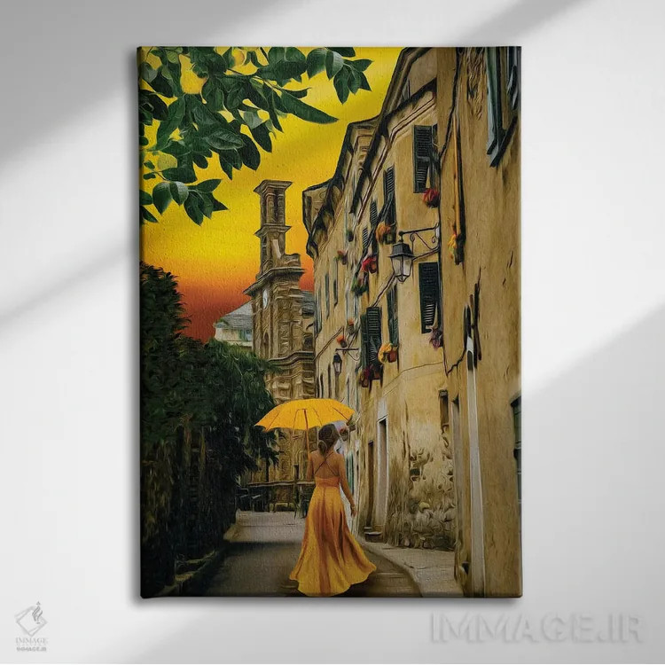 تابلو دکوراتیو بانویی با پیراهن زرد و چتر در خیابان شهر قدیمی اثر ایوجنیا بیدیوک - نمای روبهرو روی دیوار