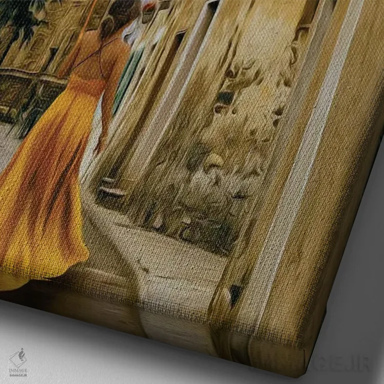 تابلو دکوراتیو بانویی با پیراهن زرد و چتر در خیابان شهر قدیمی اثر ایوجنیا بیدیوک - نمای نزدیک بافت بوم