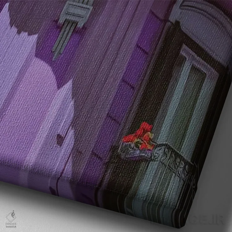 تابلو دکوراتیو نمای بنفش خانه ای قدیمی با بالکن ها اثر ایوجنیا بیدیوک - نمای نزدیک بافت بوم