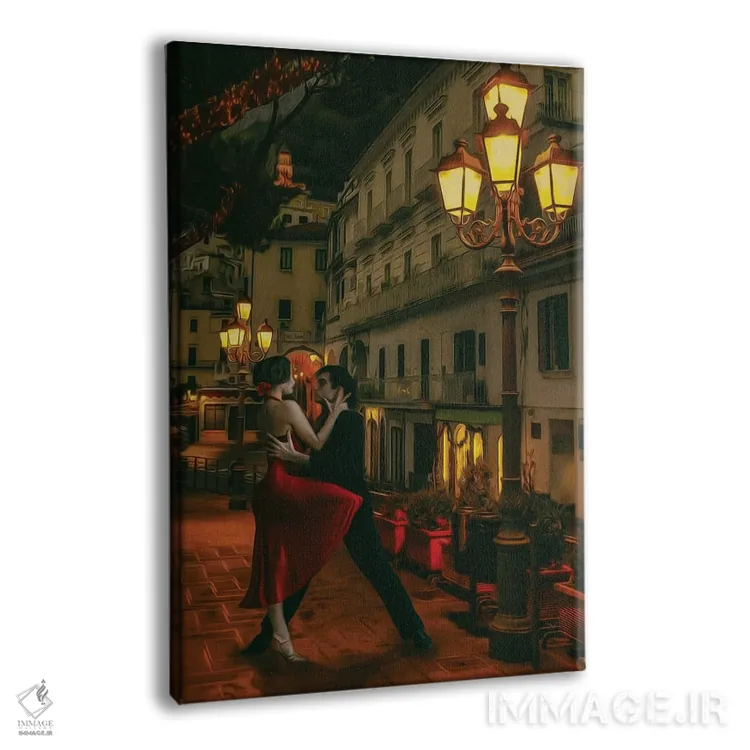 تابلو دکوراتیو زوجی در حال رقص تانگو در خیابانی با فانوس ها اثر ایوجنیا بیدیوک - نمای پرسپکتیو محصول