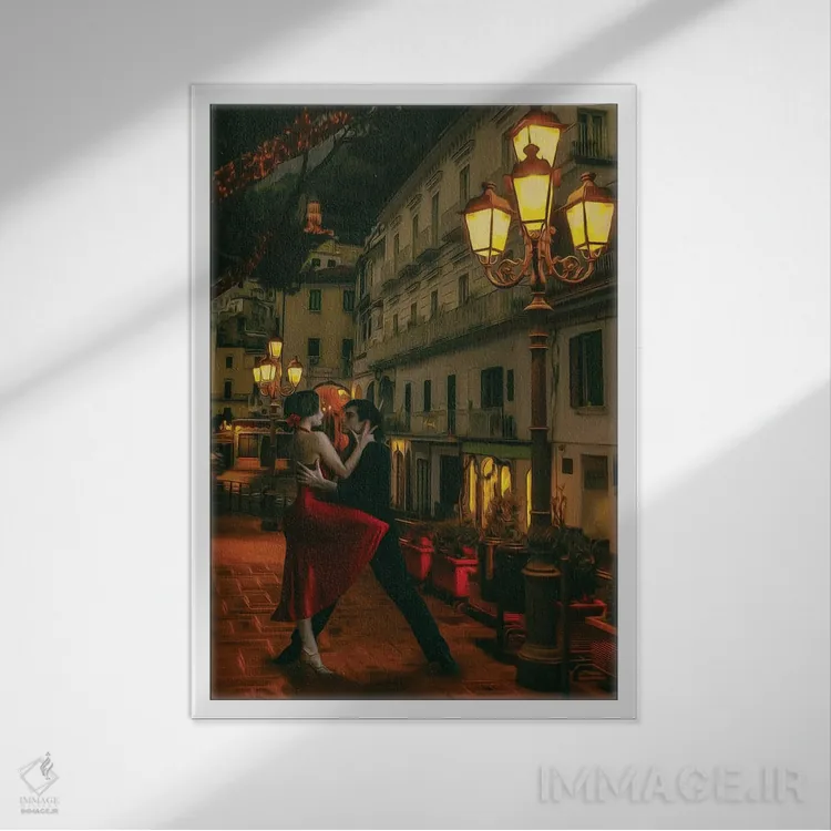 تابلو دکوراتیو زوجی در حال رقص تانگو در خیابانی با فانوس ها اثر ایوجنیا بیدیوک - نمای قابدار سفید