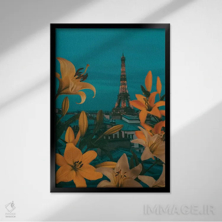 تابلو دکوراتیو سوسن های شکوفا بر پس زمینه پاریس در غروب اثر ایوجنیا بیدیوک - نمای قابدار مشکی