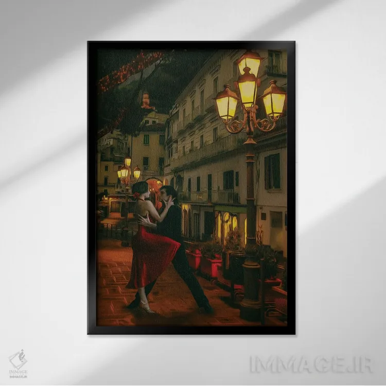 تابلو دکوراتیو زوجی در حال رقص تانگو در خیابانی با فانوس ها اثر ایوجنیا بیدیوک - نمای قابدار مشکی