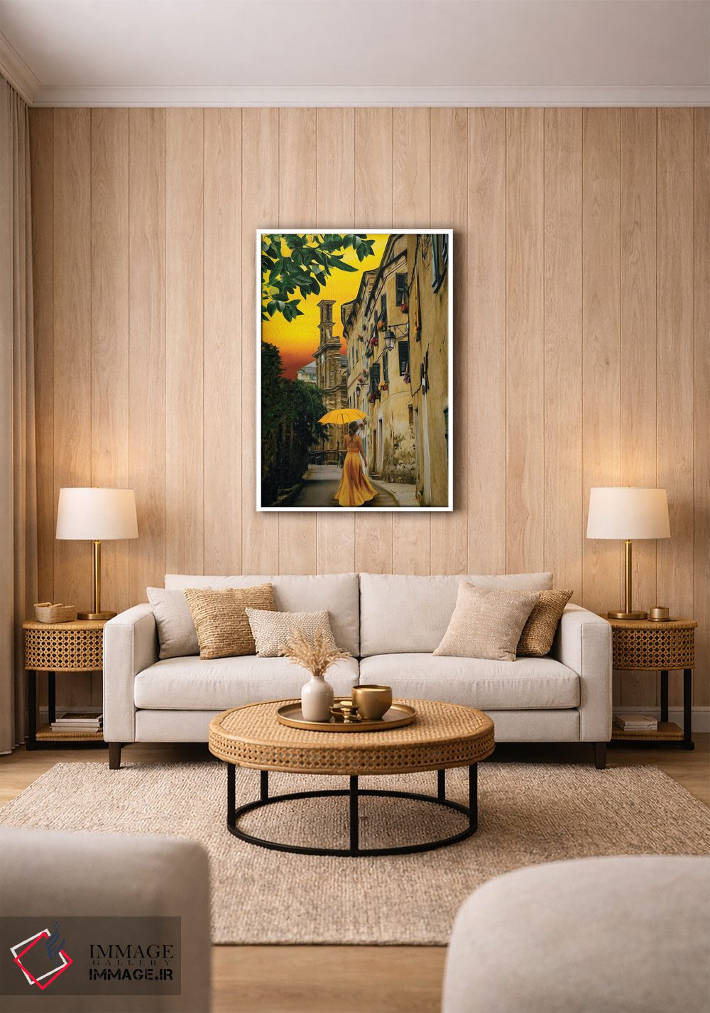 تابلو دکوراتیو بانویی با پیراهن زرد و چتر در خیابان شهر قدیمی اثر ایوجنیا بیدیوک - D1W