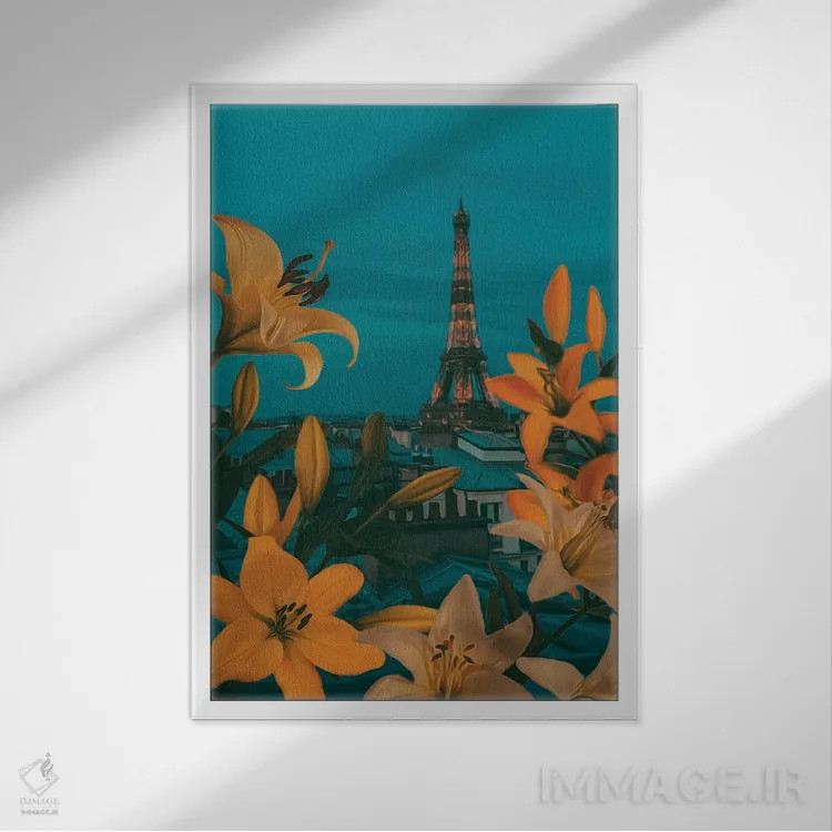 تابلو دکوراتیو سوسن های شکوفا بر پس زمینه پاریس در غروب اثر ایوجنیا بیدیوک - نمای قابدار سفید