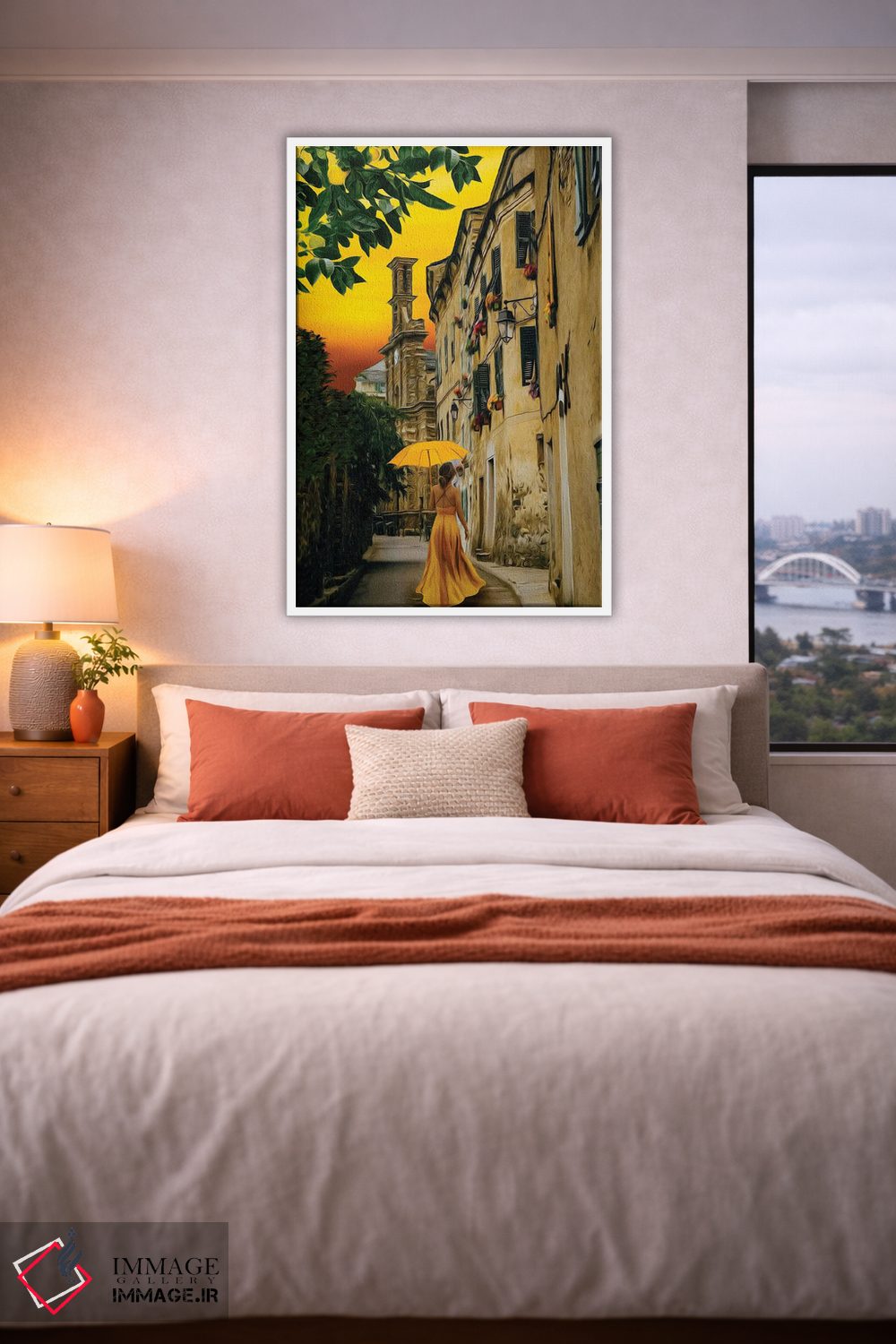 تابلو دکوراتیو بانویی با پیراهن زرد و چتر در خیابان شهر قدیمی اثر ایوجنیا بیدیوک - D3W