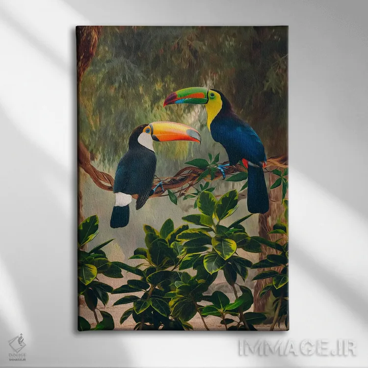 تابلو دکوراتیو دو توکان آفریقایی روی شاخه اثر ایوجنیا بیدیوک - نمای روبهرو روی دیوار