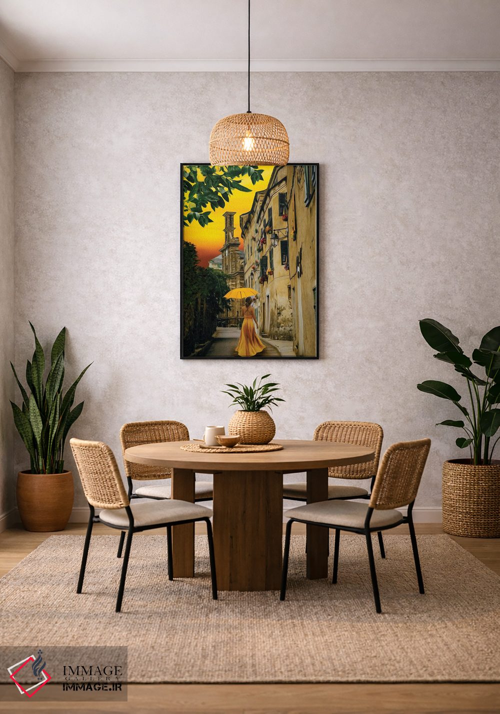 تابلو دکوراتیو بانویی با پیراهن زرد و چتر در خیابان شهر قدیمی اثر ایوجنیا بیدیوک - D5B
