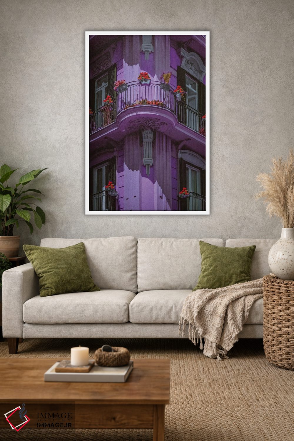 تابلو دکوراتیو نمای بنفش خانه ای قدیمی با بالکن ها اثر ایوجنیا بیدیوک - D2W