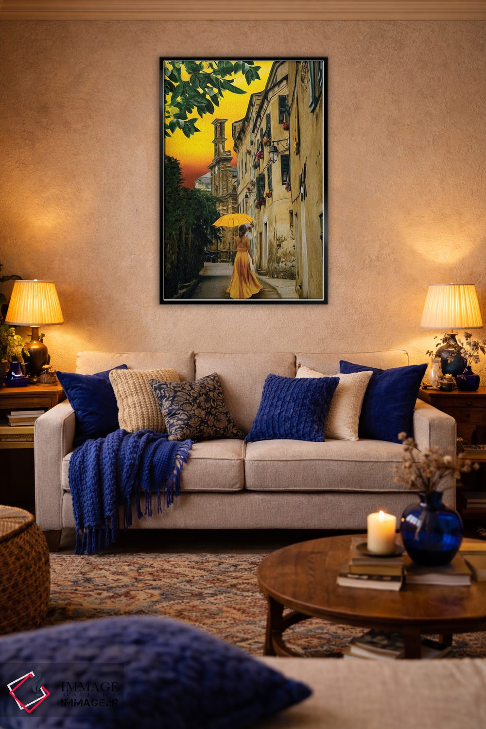 تابلو دکوراتیو بانویی با پیراهن زرد و چتر در خیابان شهر قدیمی اثر ایوجنیا بیدیوک - D6B