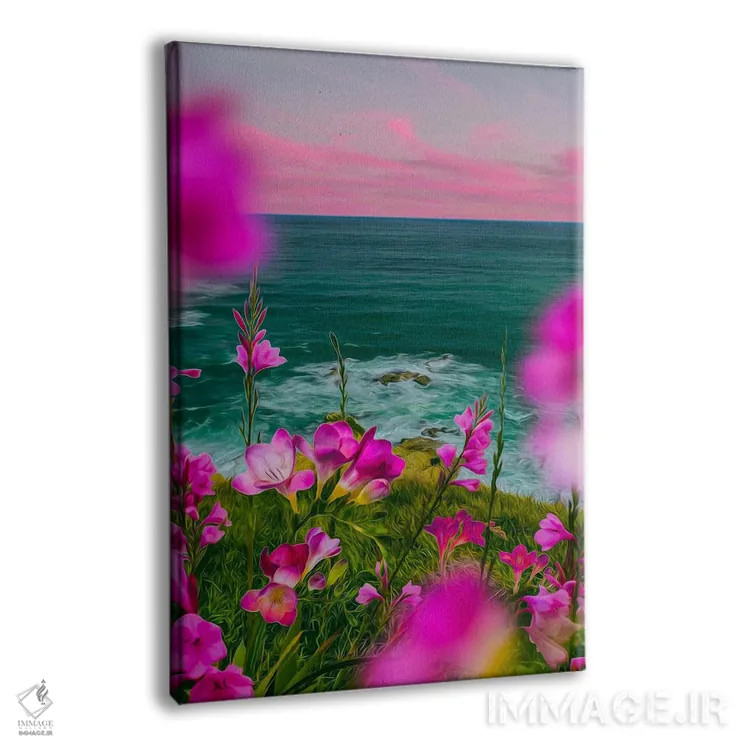 تابلو دکوراتیو فریزیا صورتی شکوفا بر تپه ای در کنار دریا اثر ایوجنیا بیدیوک - نمای پرسپکتیو محصول