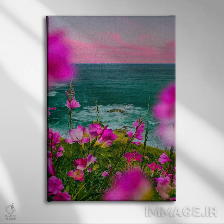 تابلو دکوراتیو فریزیا صورتی شکوفا بر تپه ای در کنار دریا اثر ایوجنیا بیدیوک - نمای روبهرو روی دیوار