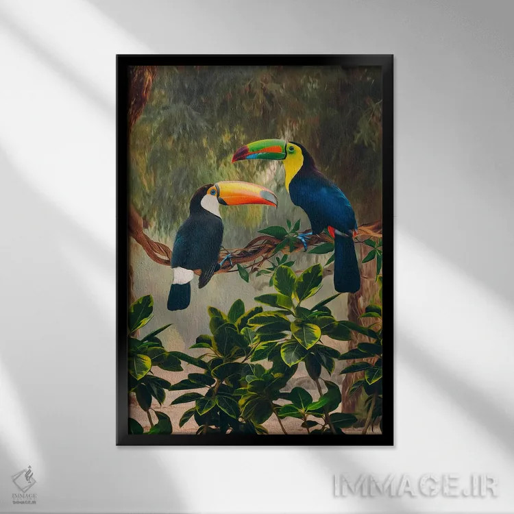 تابلو دکوراتیو دو توکان آفریقایی روی شاخه اثر ایوجنیا بیدیوک - نمای قابدار مشکی