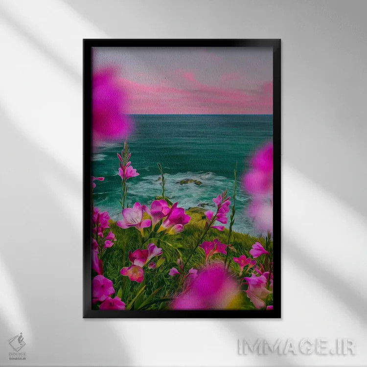 تابلو دکوراتیو فریزیا صورتی شکوفا بر تپه ای در کنار دریا اثر ایوجنیا بیدیوک - نمای قابدار مشکی