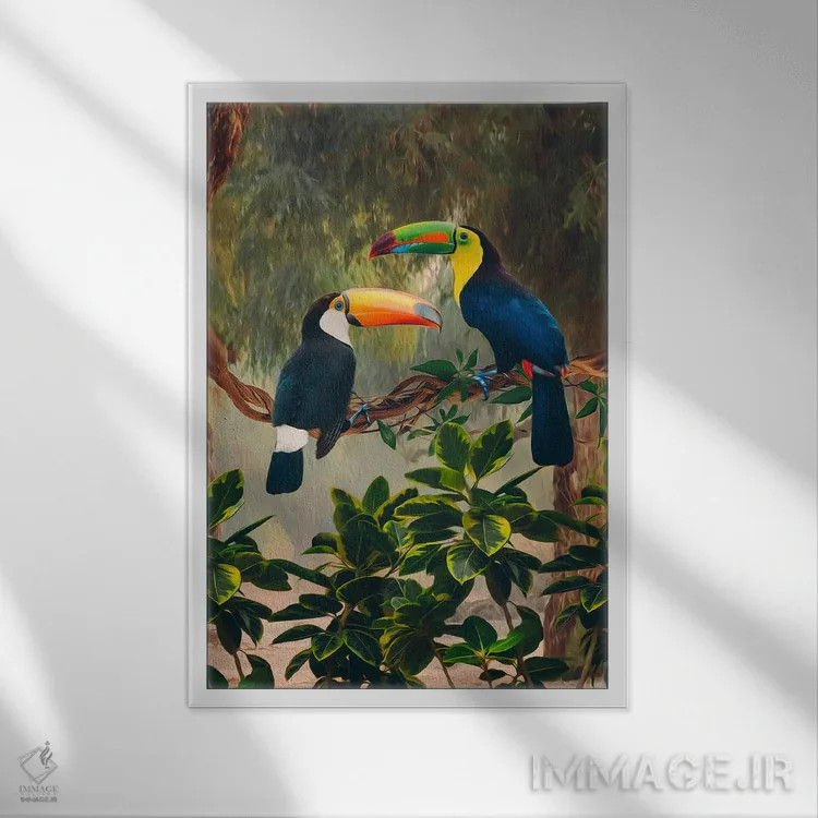 تابلو دکوراتیو دو توکان آفریقایی روی شاخه اثر ایوجنیا بیدیوک - نمای قابدار سفید