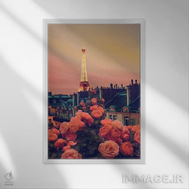 تابلو دکوراتیو گل های بالکن بر پس زمینه پاریس در غروب اثر ایوجنیا بیدیوک - نمای قابدار سفید