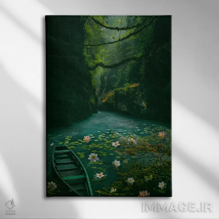 تابلو دکوراتیو قایق سبز روی دریاچه با نیلوفرها در دره اثر ایوجنیا بیدیوک - نمای روبهرو روی دیوار
