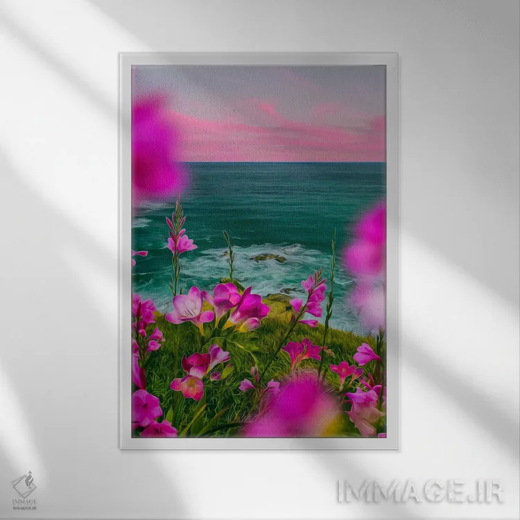 تابلو دکوراتیو فریزیا صورتی شکوفا بر تپه ای در کنار دریا اثر ایوجنیا بیدیوک - نمای قابدار سفید