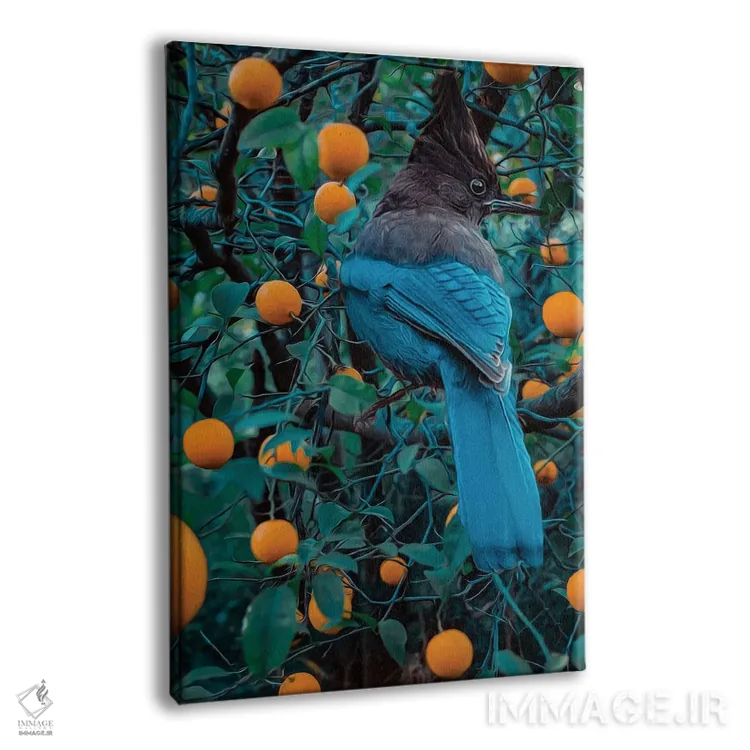تابلو دکوراتیو مرغ مقلد روی درخت نارنجی اثر ایوجنیا بیدیوک - نمای پرسپکتیو محصول