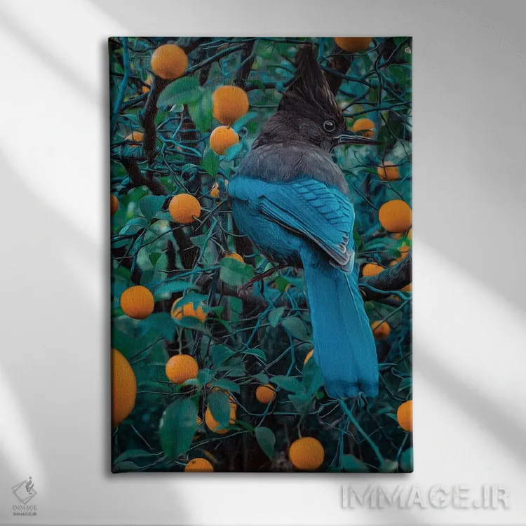 تابلو دکوراتیو مرغ مقلد روی درخت نارنجی اثر ایوجنیا بیدیوک - نمای روبهرو روی دیوار