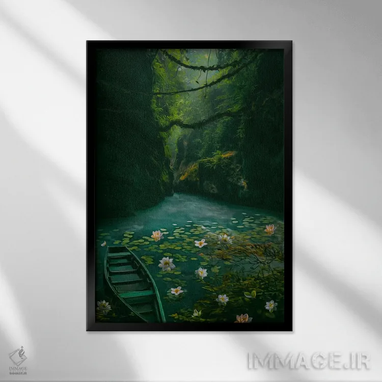 تابلو دکوراتیو قایق سبز روی دریاچه با نیلوفرها در دره اثر ایوجنیا بیدیوک - نمای قابدار مشکی
