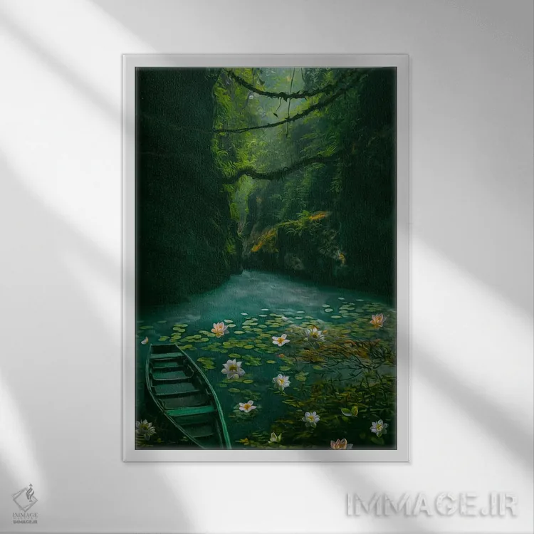 تابلو دکوراتیو قایق سبز روی دریاچه با نیلوفرها در دره اثر ایوجنیا بیدیوک - نمای قابدار سفید
