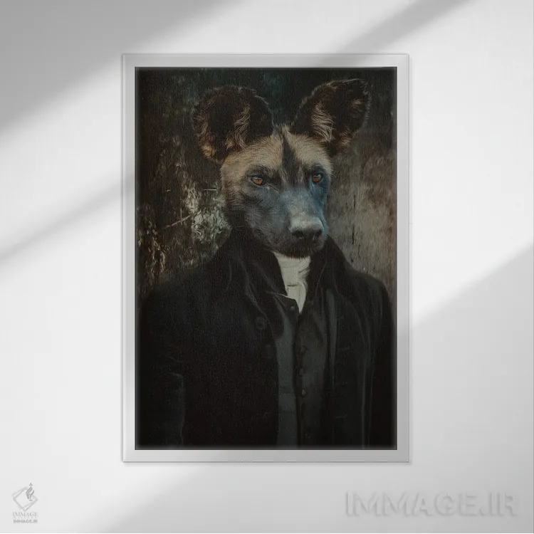 تابلو دکوراتیو پرتره ای از کفتار با لباس رترو اثر ایوجنیا بیدیوک - نمای قابدار سفید