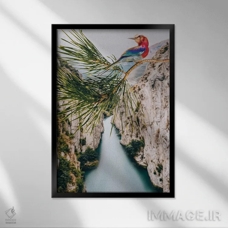 تابلو دکوراتیو پرنده کوراسیا کاوداتوس بالای دره کوهستانی اثر ایوجنیا بیدیوک - نمای قابدار مشکی