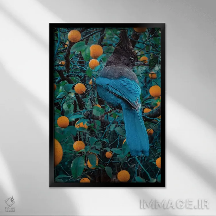 تابلو دکوراتیو مرغ مقلد روی درخت نارنجی اثر ایوجنیا بیدیوک - نمای قابدار مشکی