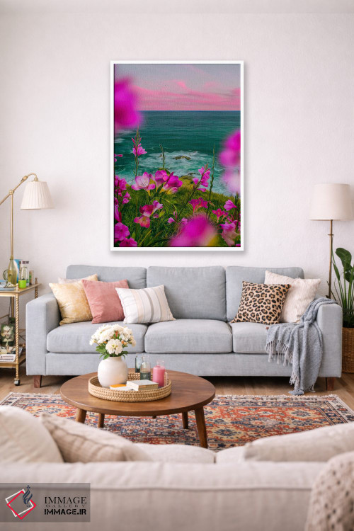 تابلو دکوراتیو فریزیا صورتی شکوفا بر تپه ای در کنار دریا اثر ایوجنیا بیدیوک - D1W