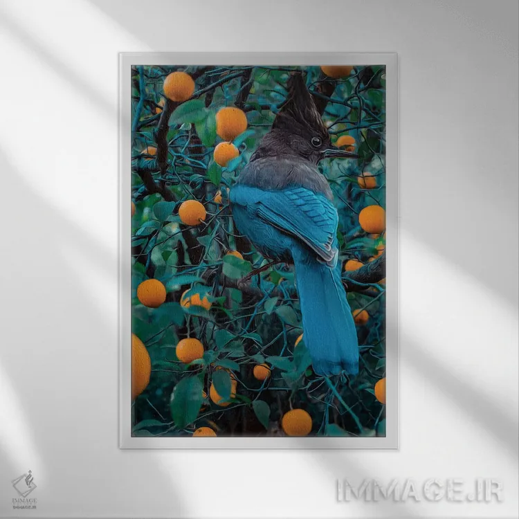 تابلو دکوراتیو مرغ مقلد روی درخت نارنجی اثر ایوجنیا بیدیوک - نمای قابدار سفید